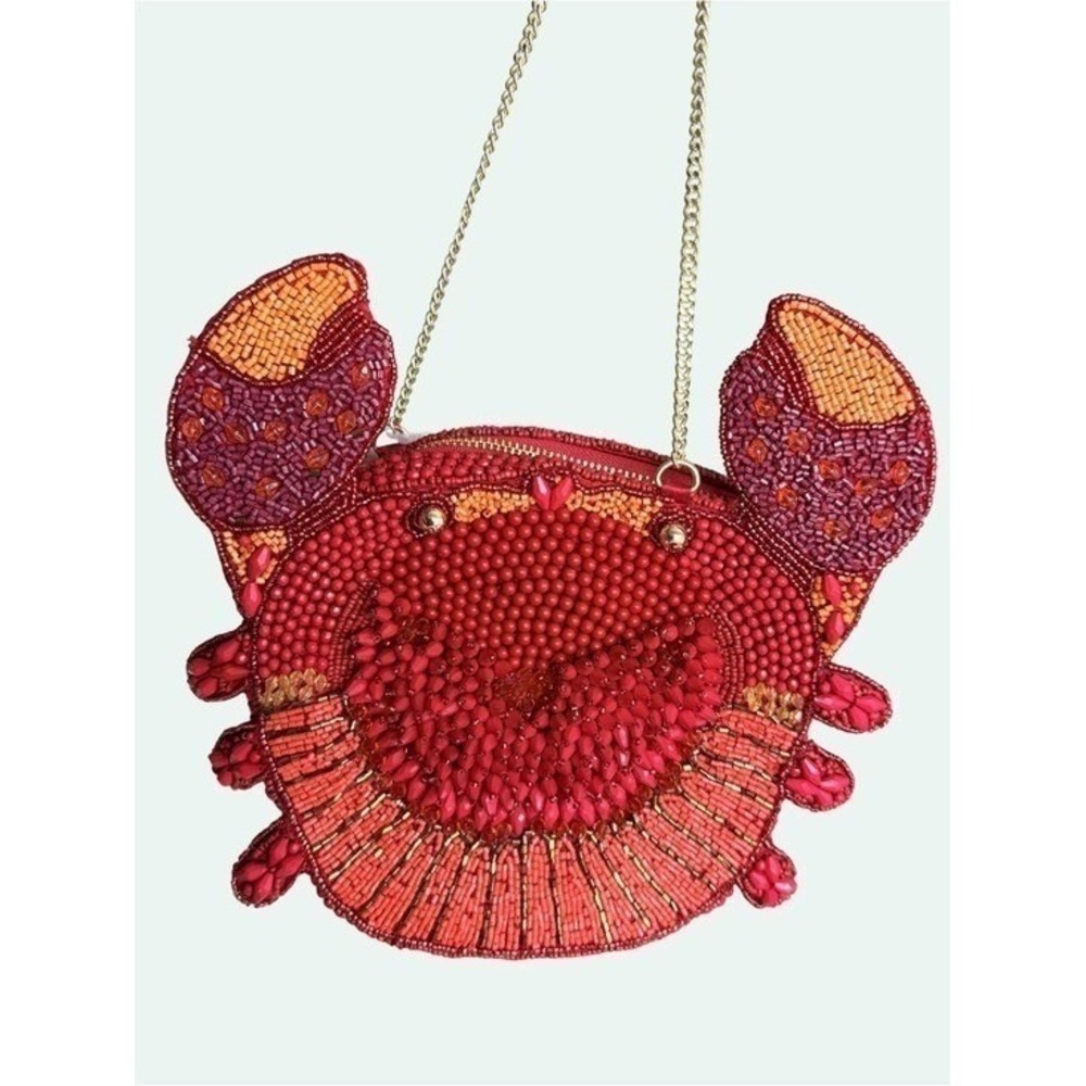Handcrafted by India Beaded Crab Crossbody Bag Red NWT Bonus Silk & Cotton Scarf